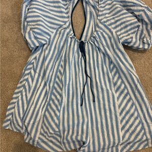 Free People Blue and White Striped Puff Sleeve Romper